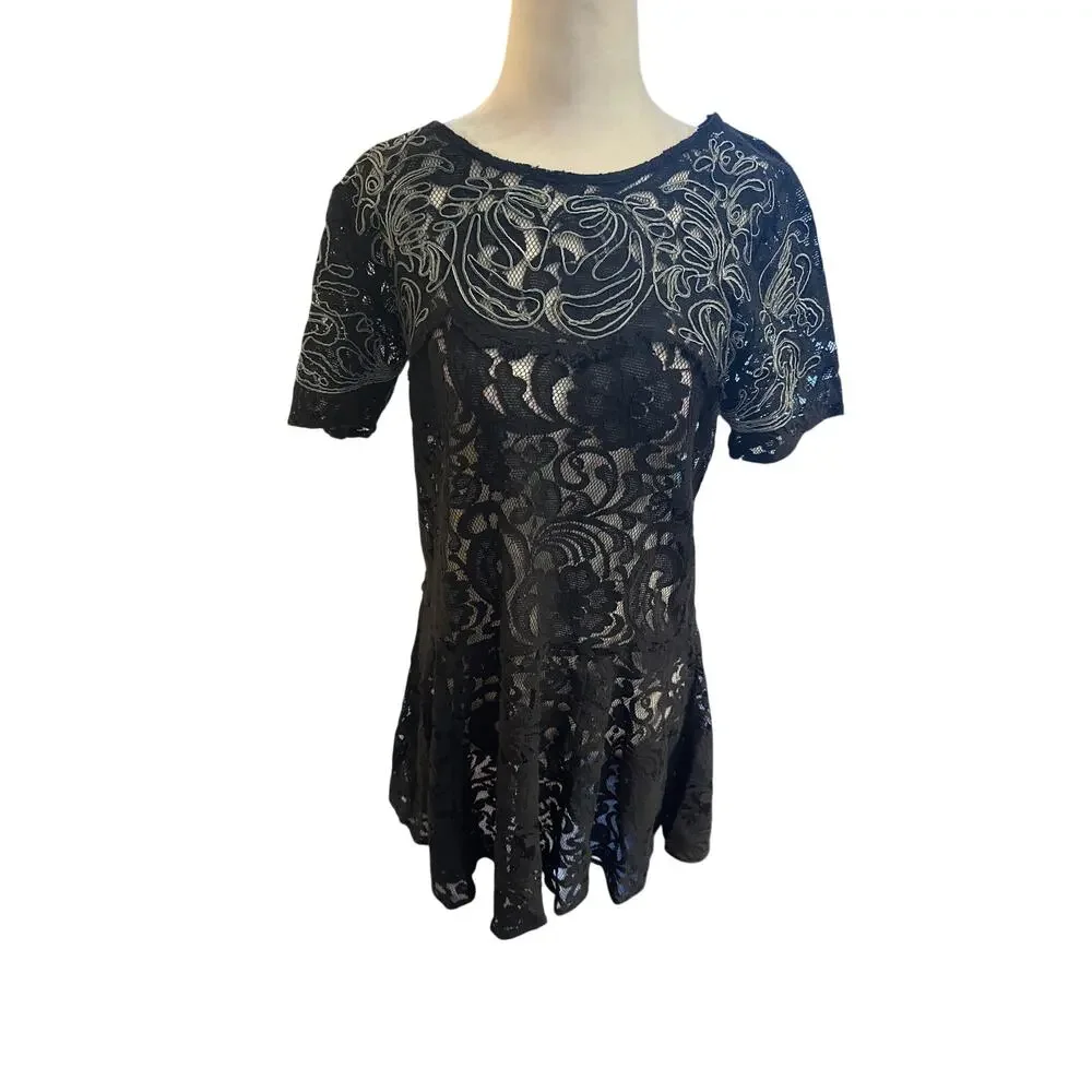 Free People Black Sheer Lace Mini Dress - Size Small